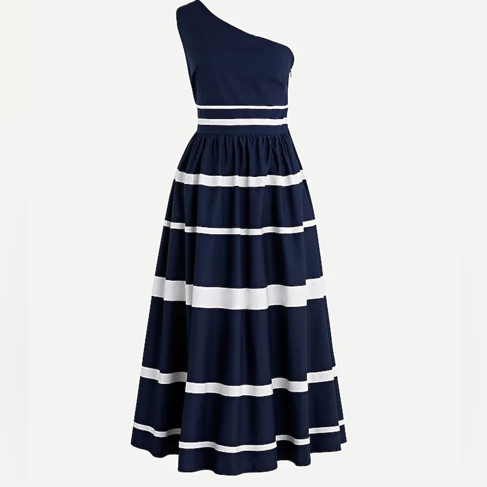 J. Crew Navy and White One-Shoulder Poplin Dress